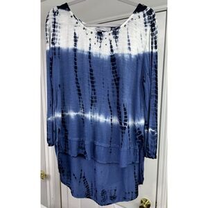 Karen Hart Women Blue Blk White Tie Die Boho Scoop Neck Layered Top size XL.